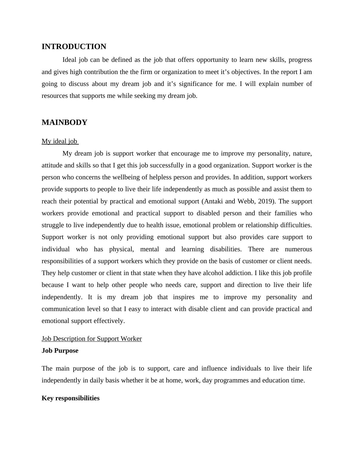 Ideal Job as a Support Worker Desklib