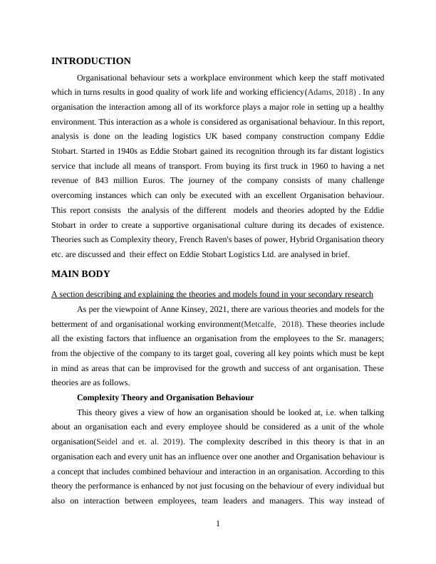 Organisational Behaviour in Eddie Stobart Logistics | Desklib