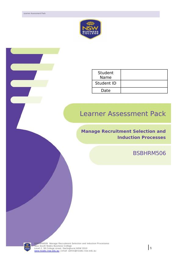 Learner Assessment Pack for BSBHRM506 Manage Recruitment Selection and Induction Processes_1