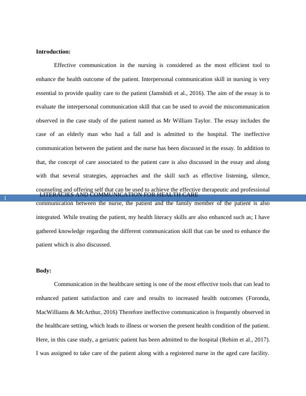 Literacies and Communication for Health Care Essay 2022_2