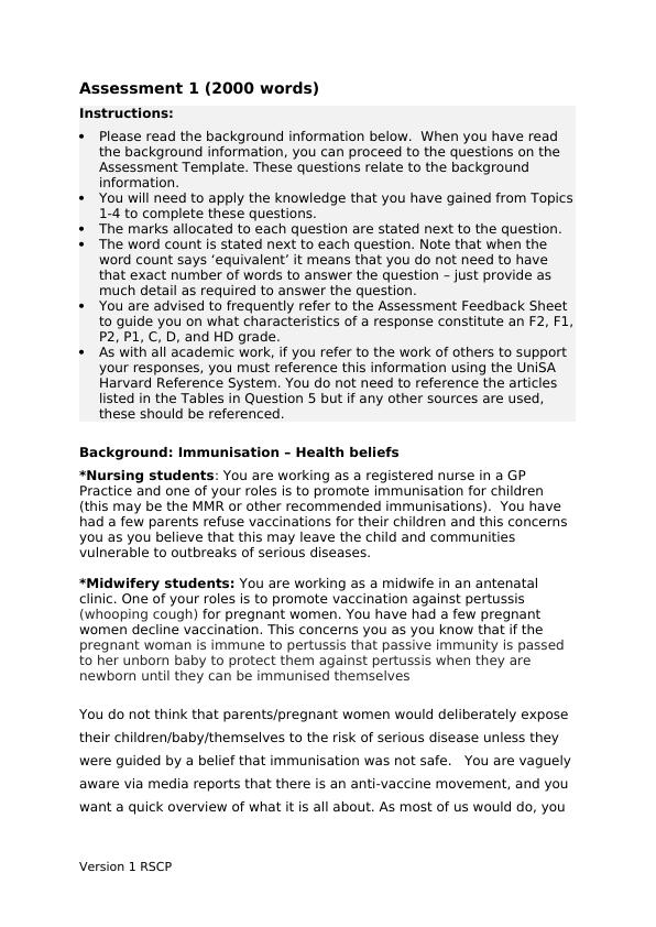 Immunization –Health Beliefs | Assessment 1_1