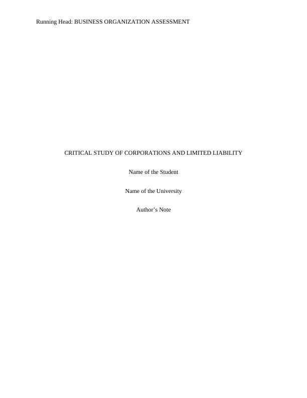 Critical Study of Corporations and Limited Liability_1