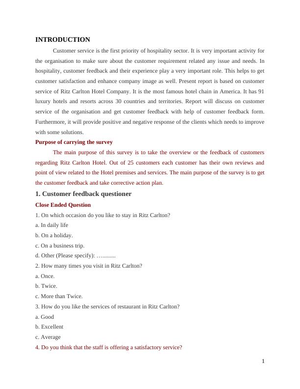 Ritz Carlton Hotel Customer Service Report