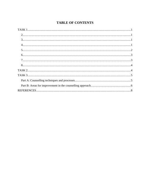 A UNIT OF CONTENTS 20 TABLE OF CONTENTS TASK 11 2. 1 3. 1 4. 1 5. 2 6. 3 7. 4 TASK 10 - 20 Part B: Areas for improvement in the counselling approach_2
