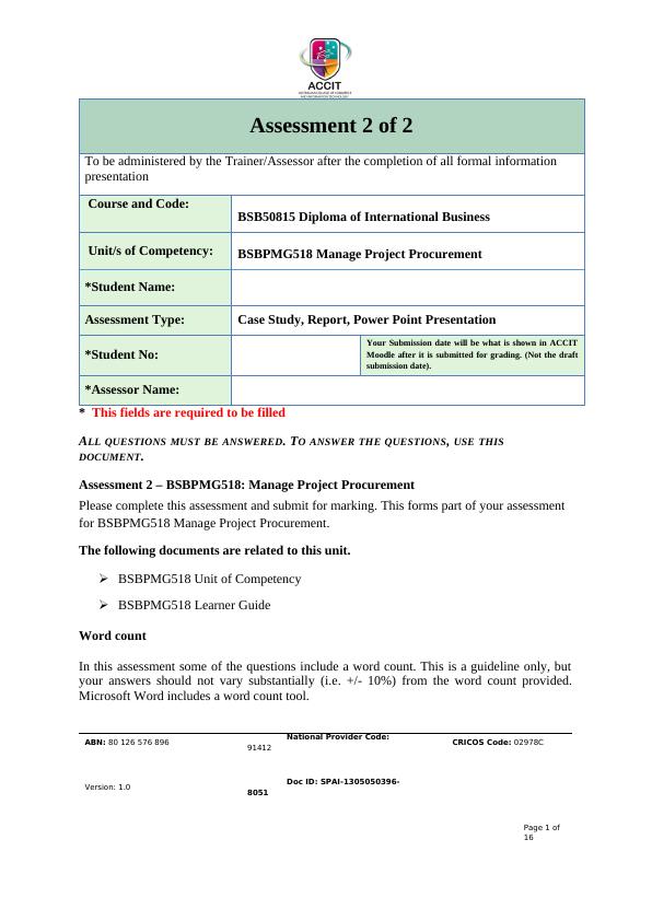 BSBPMG518 Manage Project Procurement Assessment_1