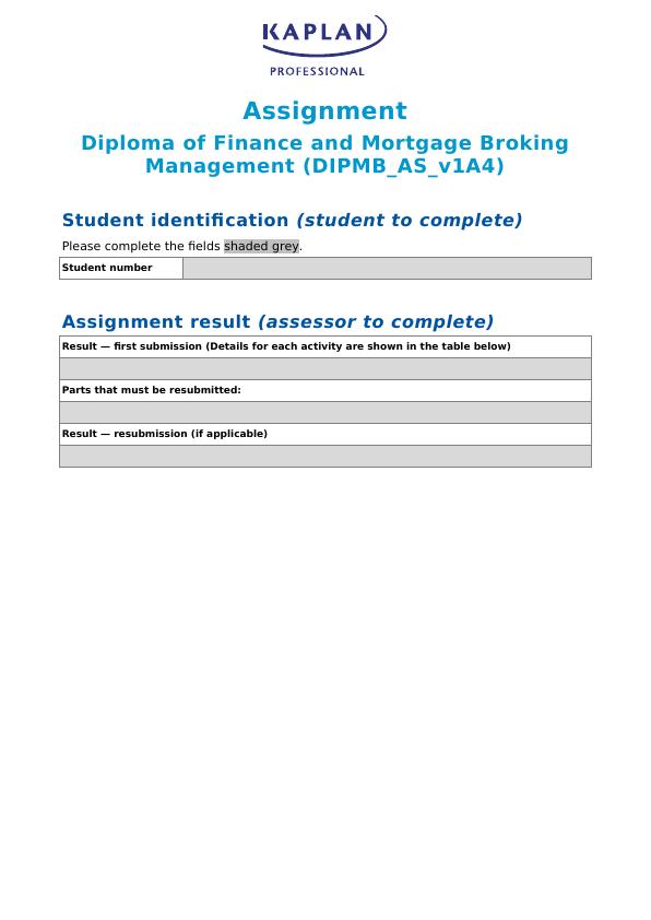 Assignment on Diploma of Finance and Mortgage Broking Man_1