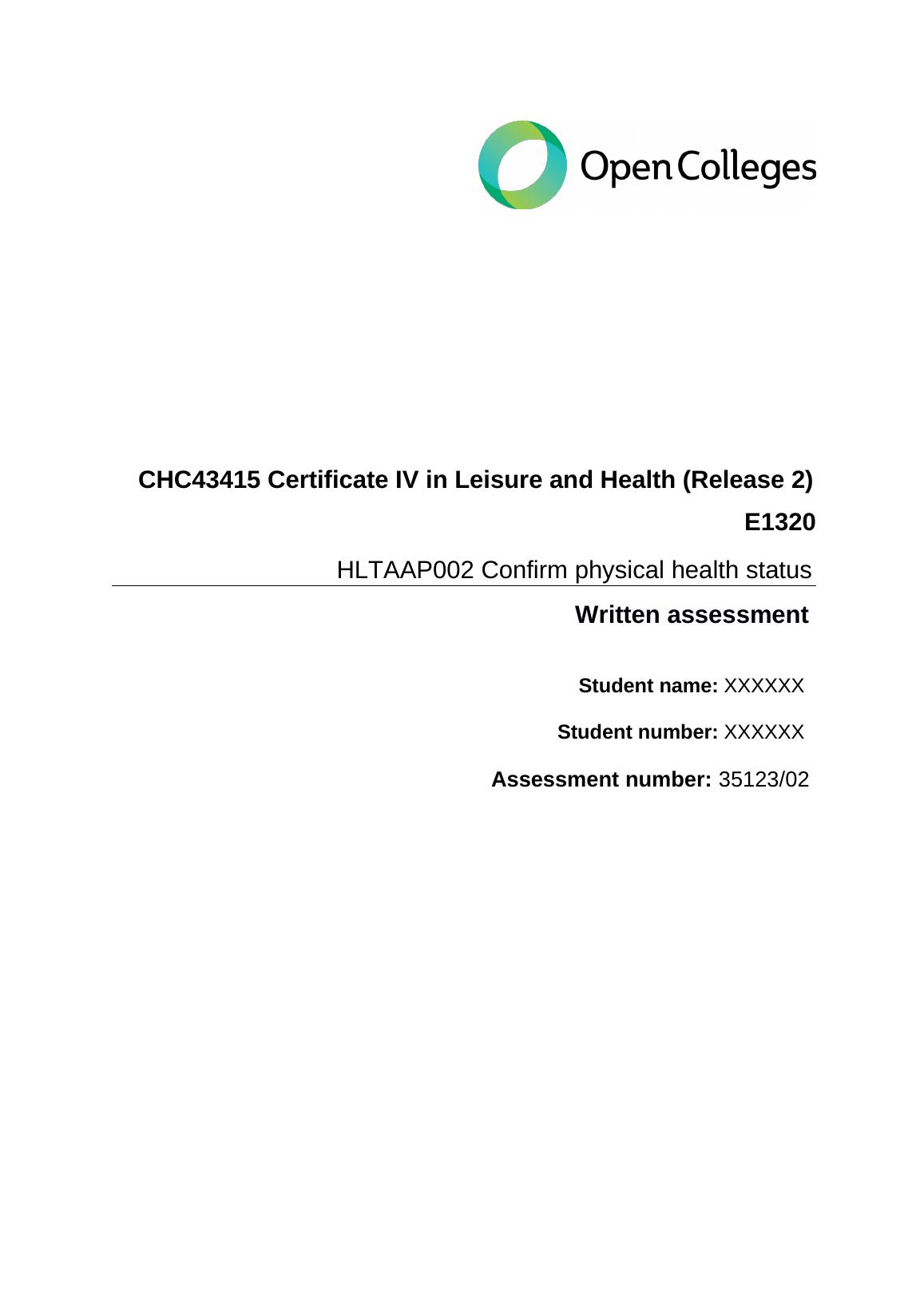 HLTAAP002 Confirm Physical Health Status Assessment - Desklib