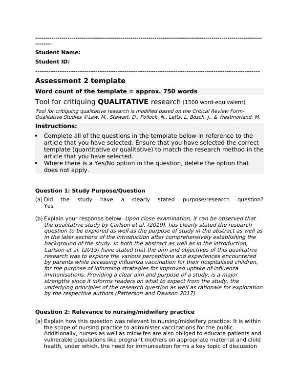 Tool for Critiquing Qualitative Research | Assessment Template_1