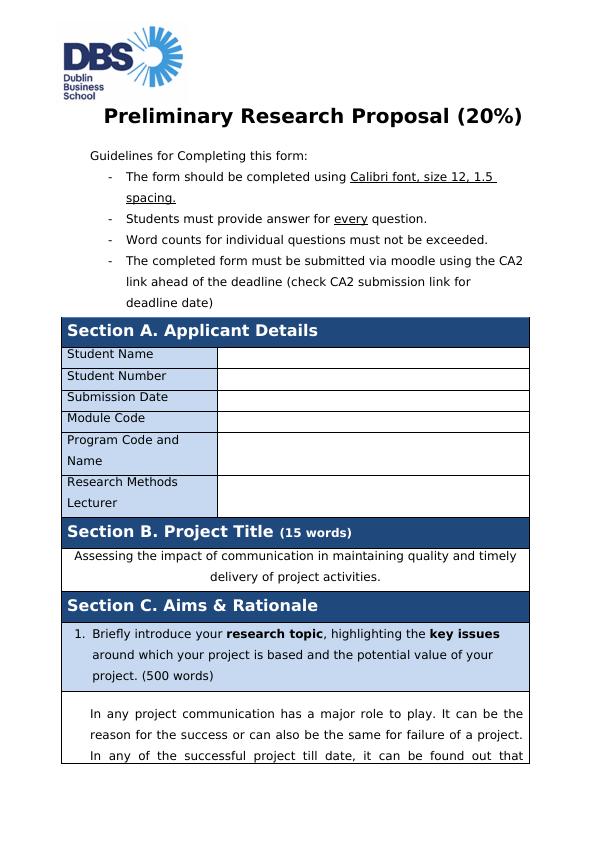 preliminary section of research proposal