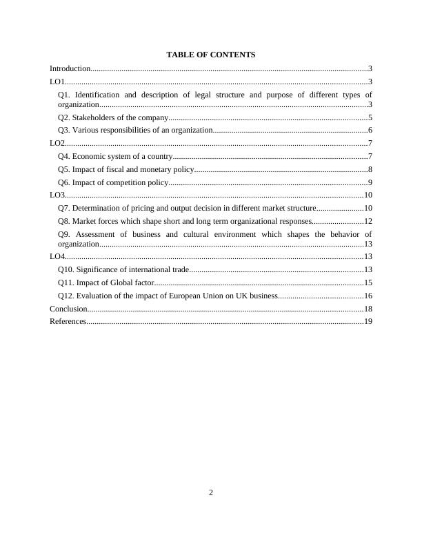 BUSINESS ENVIRONMENT TABLE OF CONTENTS Introduction 3 Q1. Identification of stakeholders and purpose of an organization_2