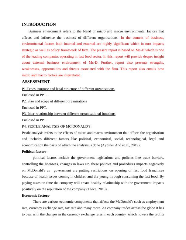 INTERNAL AND EXTERNAL ANALYSIS OF McDonald'S 5 P6 Strengths and Weaknesses in relation with external macro factors 7 CONCLUSIONS 7 REFERENCES 8 INTRODUCTION Busin 3 ASSESSMENT 3 P1. Types, Purpose and_3
