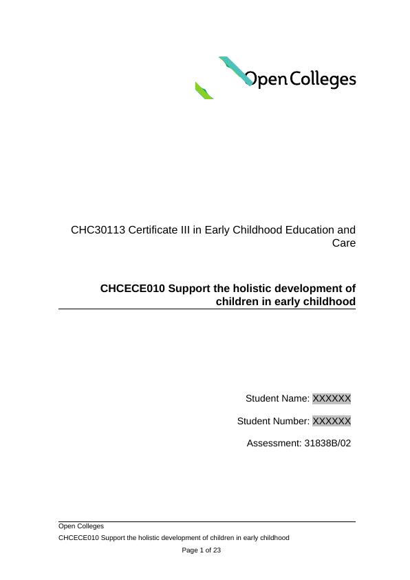 CHC30113 Certificate III in Early Childhood ... - Desklib_1