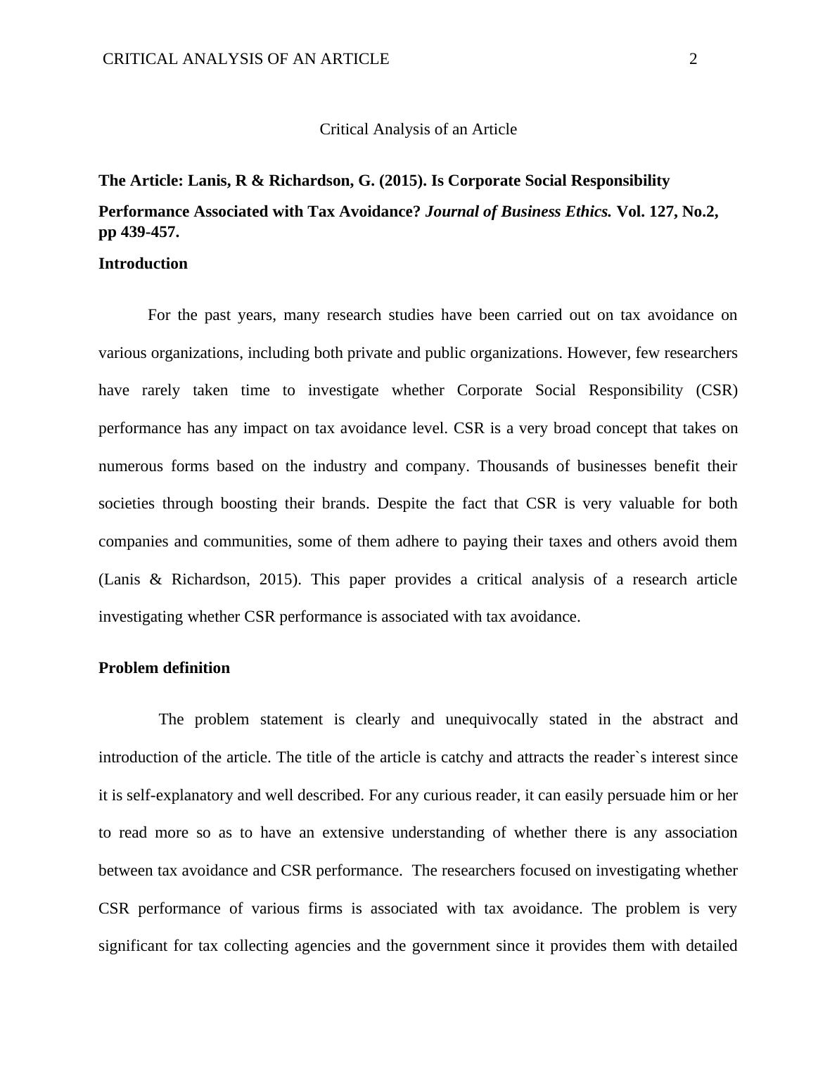 Critical Analysis of an Article on Corporate Social Responsibility and Tax Avoidance_2