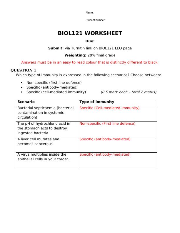 BIOL121 Worksheet: Immunity, Bone Cells, Muscle Contraction, Urine Formation_1