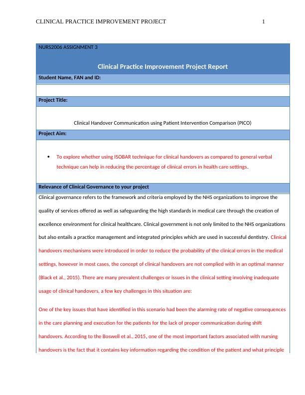 NURS2006 Clinical Practice Improvement Project Report Assignment_1