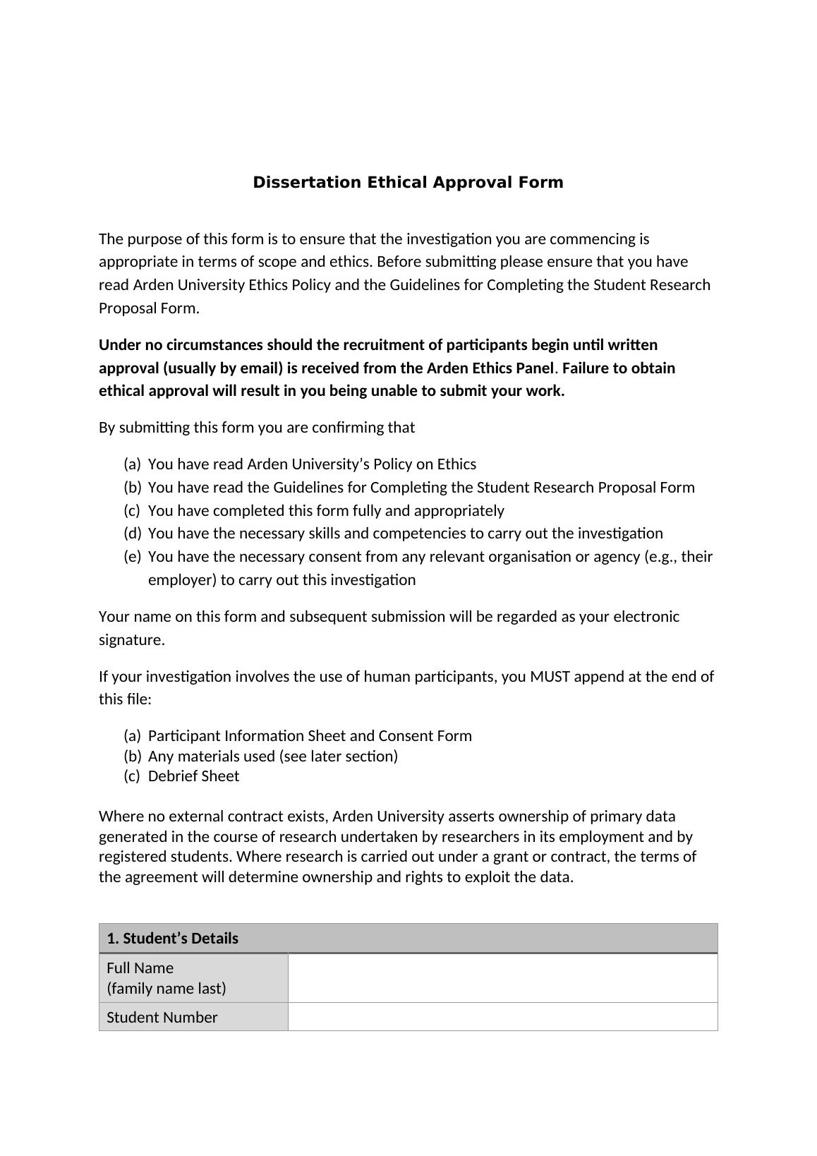 dissertation ethics form