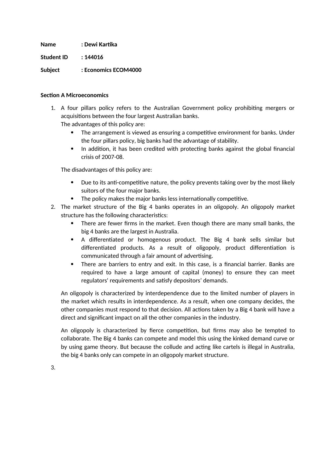 Four Pillars Policy in Australian Banking Sector