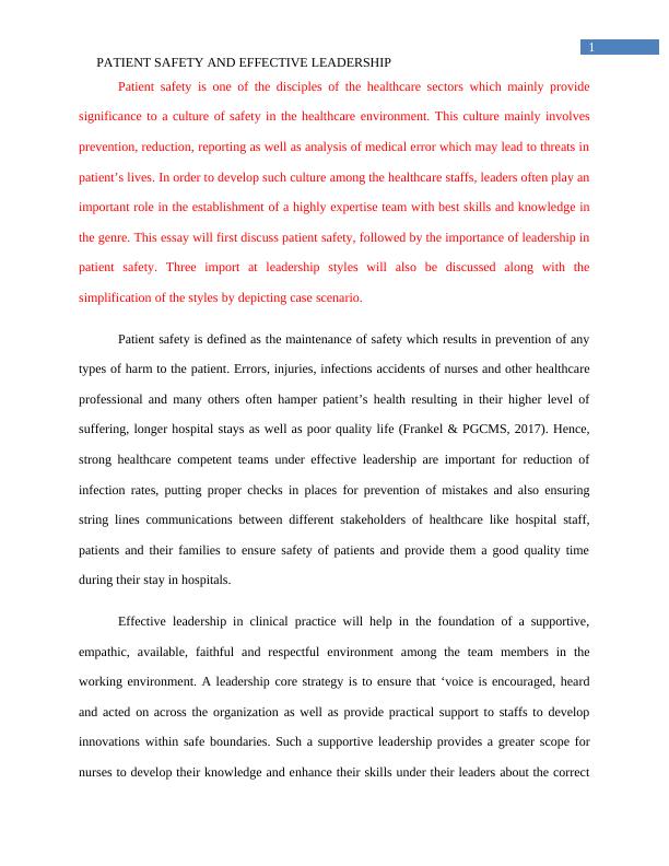 Essay on Patient Safety