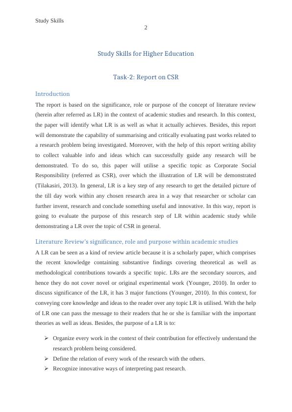 Study Skills for Higher Education: Report on CSR_3