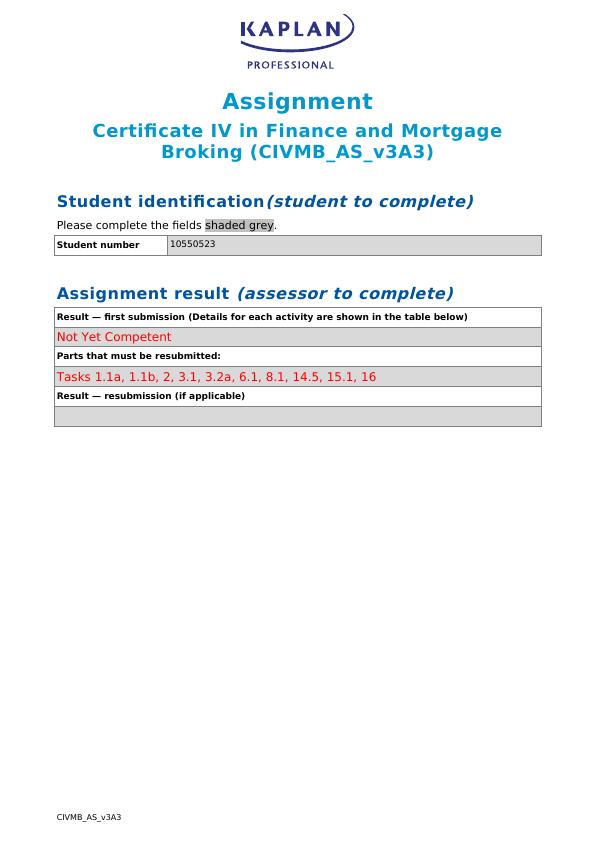 Assignment: Certificate IV in Finance and Mortgage Broking_1