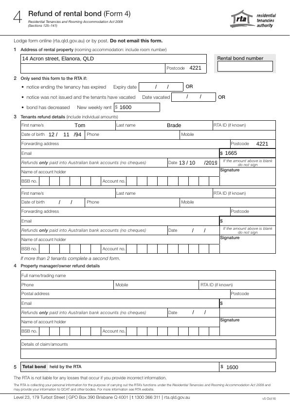 4. Refund of rental bond (Form 4) Residential Tenancies
