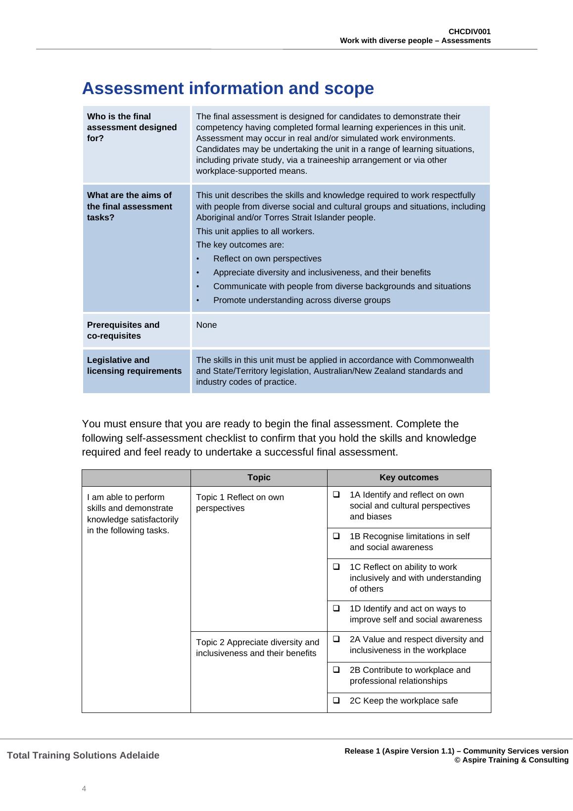 CHCDIV001 Work With Diverse People – Assessments