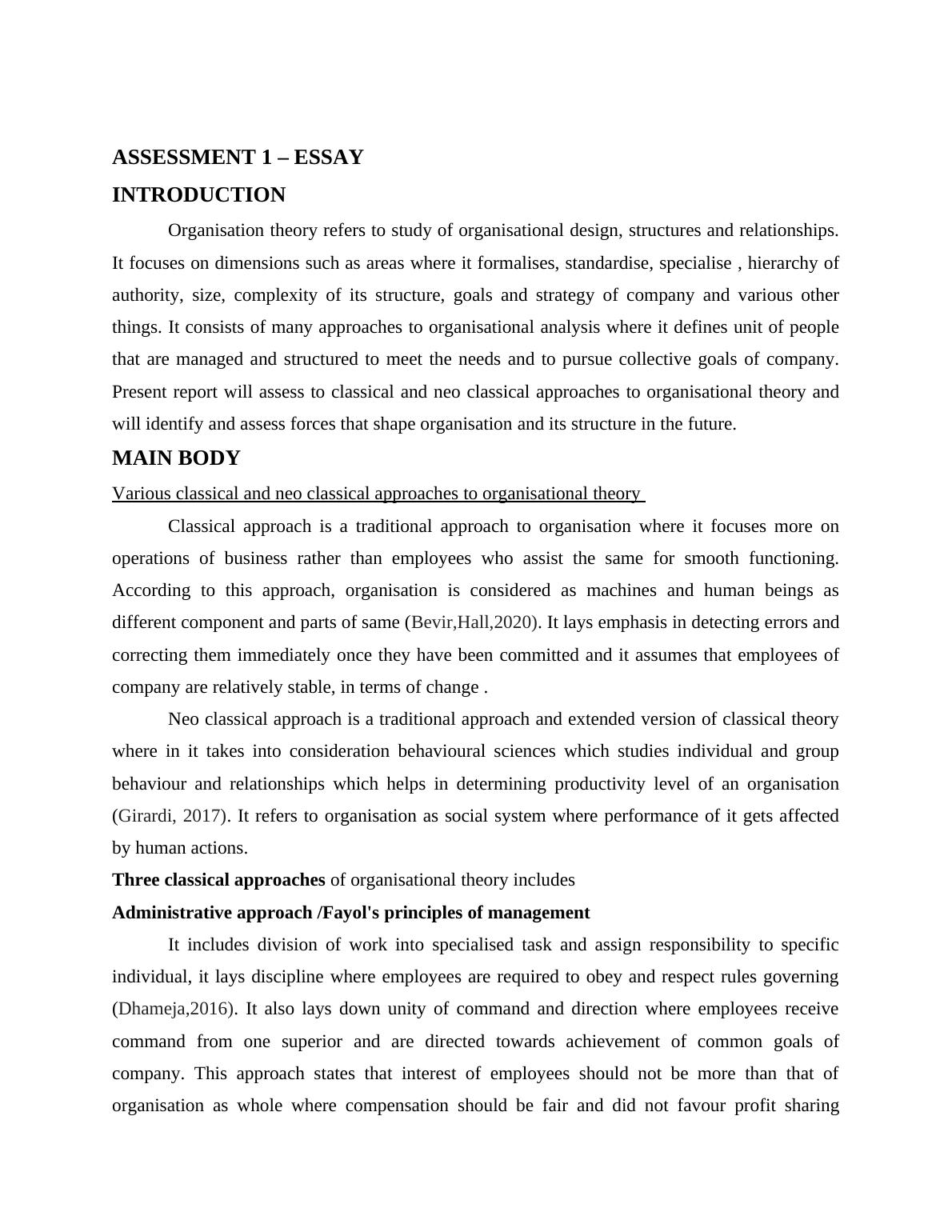 Organisation Theory: Classical and Neo Classical Approaches