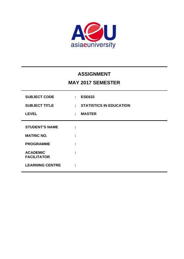 ESE633 Statistics in Education Level Assignment 2022_1