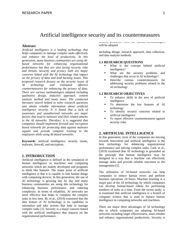 Artificial intelligence security and its countermeasures Research Paper 2022_2