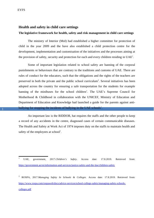 Health and Safety in Child Care Settings EYFS