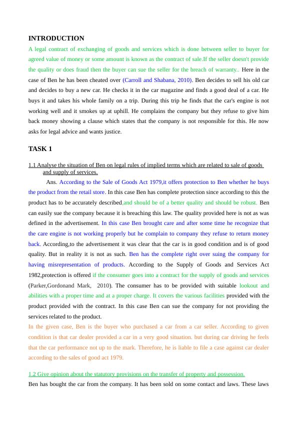 Business Law INTRODUCTION 4 TASK 14 1.1 Analyse and Ben on the Legal Rules of Implied Terms_3