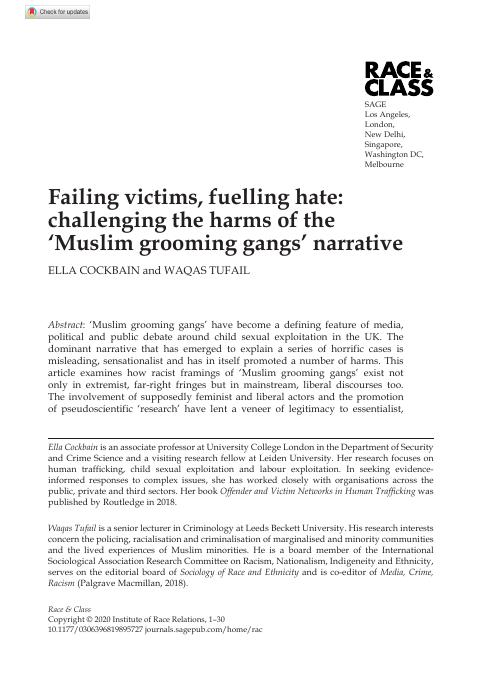 Failing victims, fuelling hate: challenging the harms of the 'Muslim grooming gangs' narrative Ella Cockbain and Waqas Tufail_1