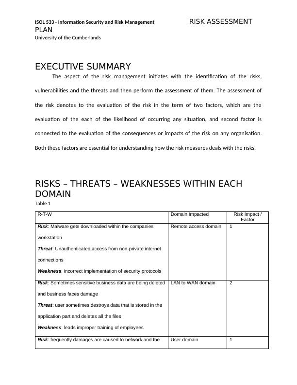 Risk Assessment for Information Security and Risk Management | Desklib