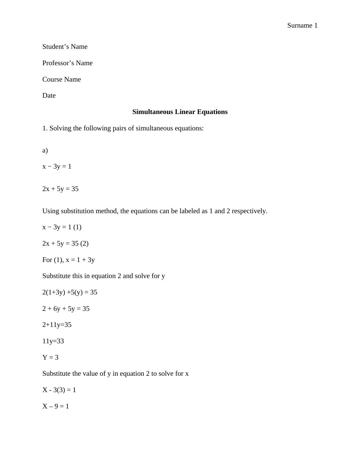 Simultaneous Linear Equations Solution