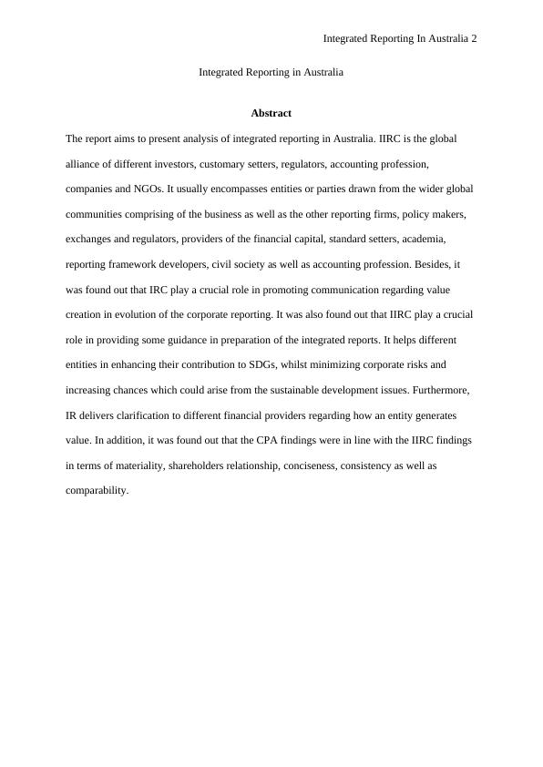 Integrated Reporting In Australia Assignment PDF