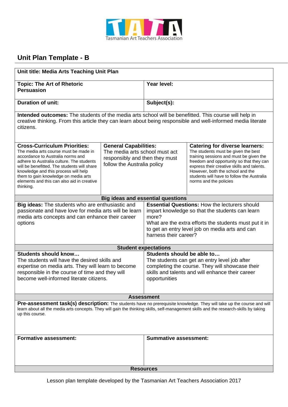 Media Arts Teaching Unit Plan Pdf