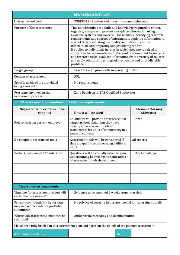 RPL Assessment Plan - BSBRES411 Analyse and present research information