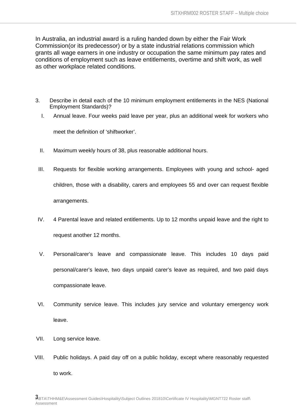 SITXHRM002 ROSTER STAFF Multiple choice