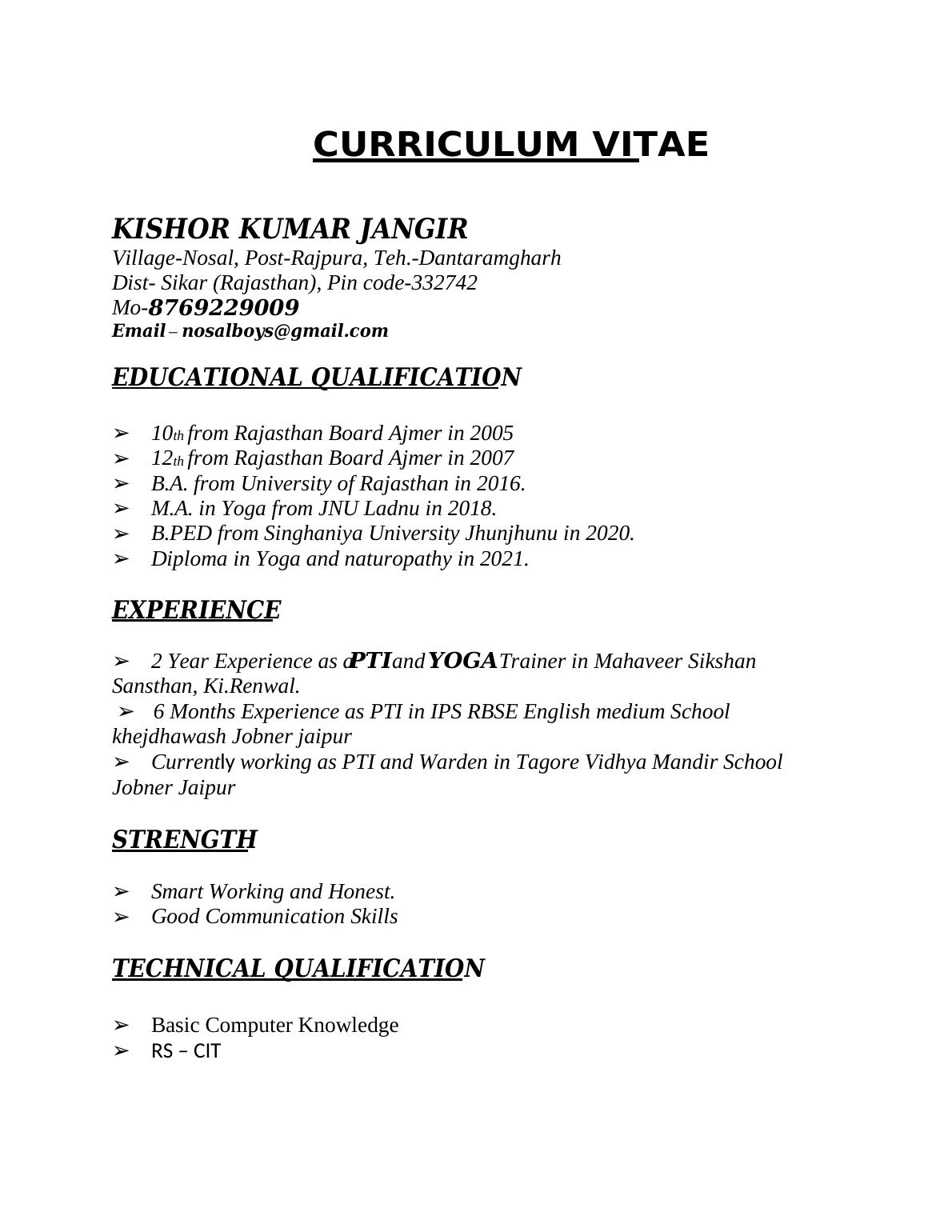 CURRICULUM VITAE KISHOR KUMAR JANGIR Village-Nosal,