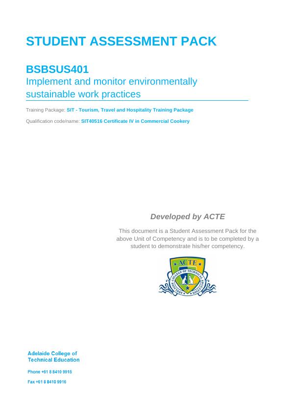BSBSUS401 Implement and Monitor Environmentally Sustainable Work Practices Assessment Pack_1