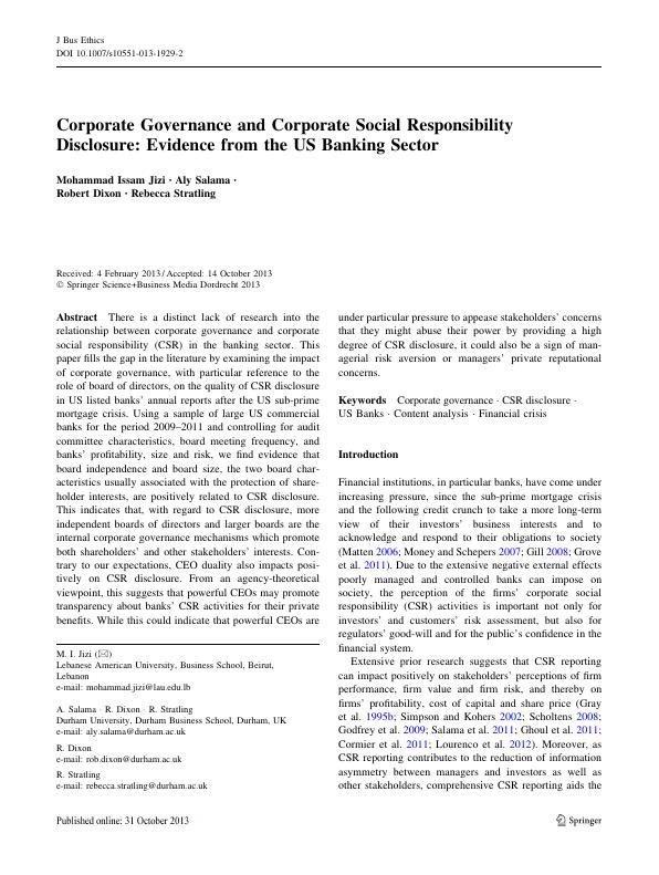 Corporate Governance and Corporate Social Responsibility Disclosure: Evidence from the US Banking Sector_1
