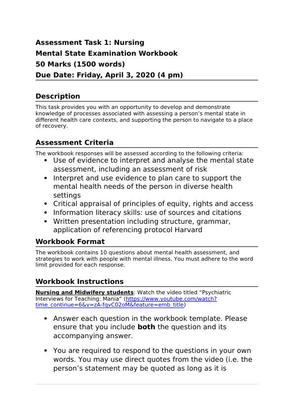 Assessment Task 1: Nursing | Mental State Examination Workbook_1