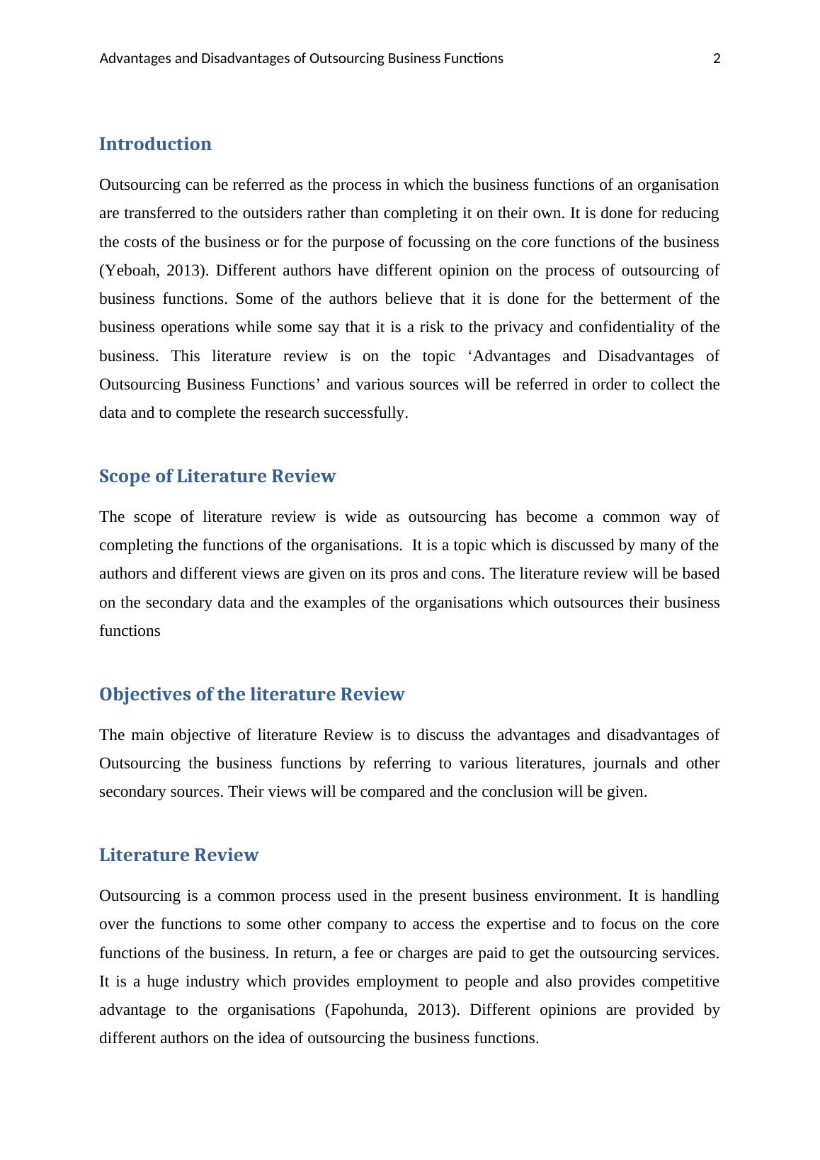 literature review outsourcing services