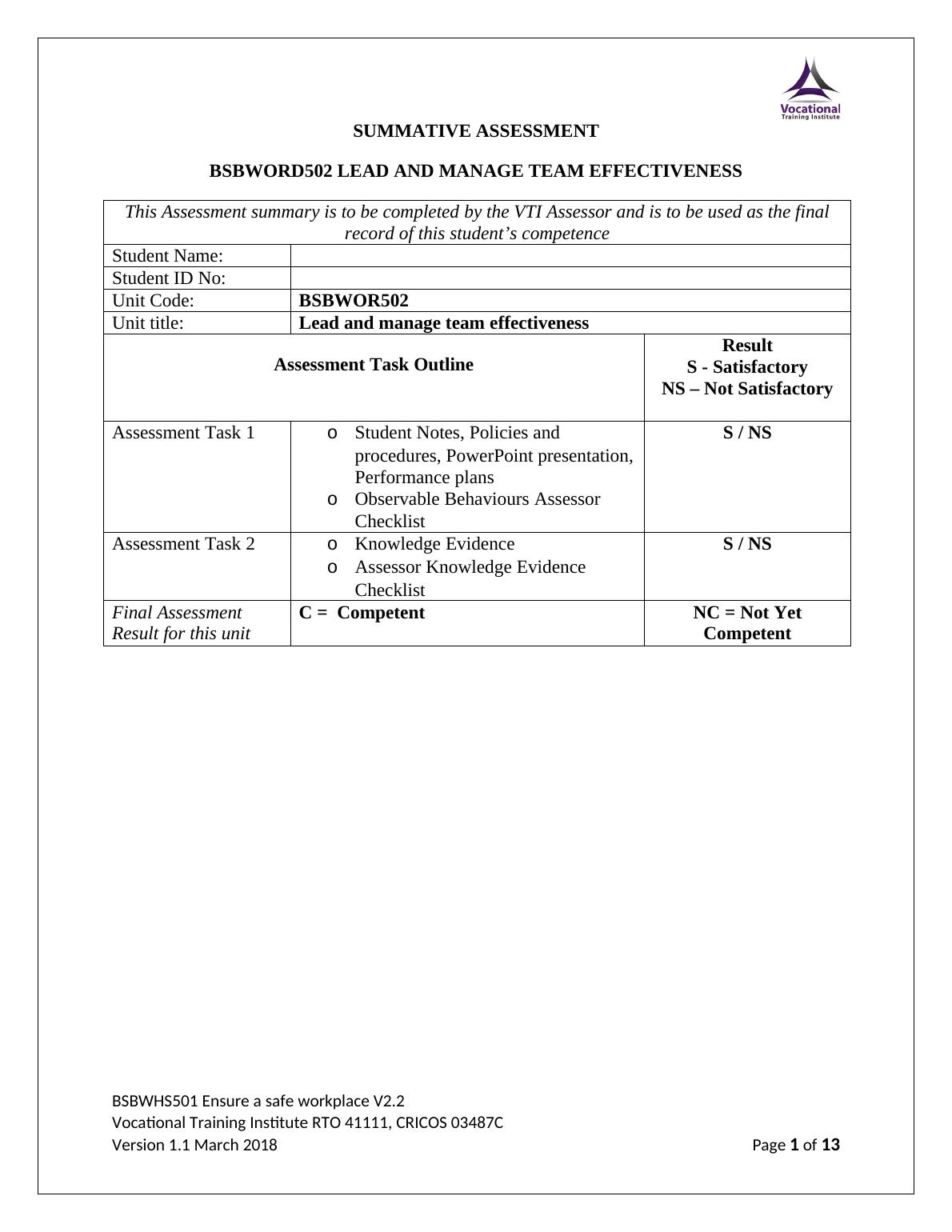 SUMMATIVE ASSESSMENT BSBWORD502 LEAD AND MANAGE TEAM