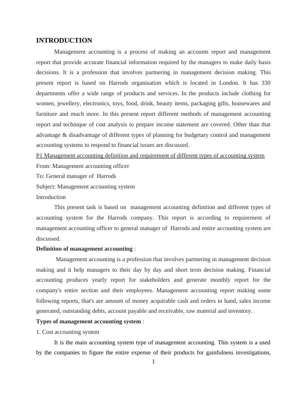 Report on Management Accounting Harrods organisation