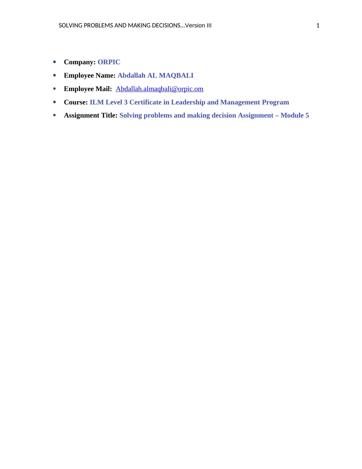 ilm level 3 solving problems and making decisions assignment