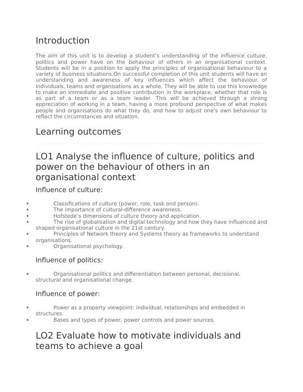 Organisational Behaviour: Influence of Culture, Politics and Power_1