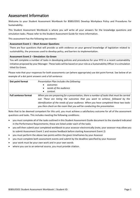 Student Assessment Workbook for BSBSUS501 Develop Workplace Policy and Procedures for Sustainability_2