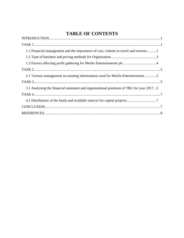 Finance and Funding in Travel and Tourism TABLE OF CONTENTS INTRODUCTION 1 TASK 11_2