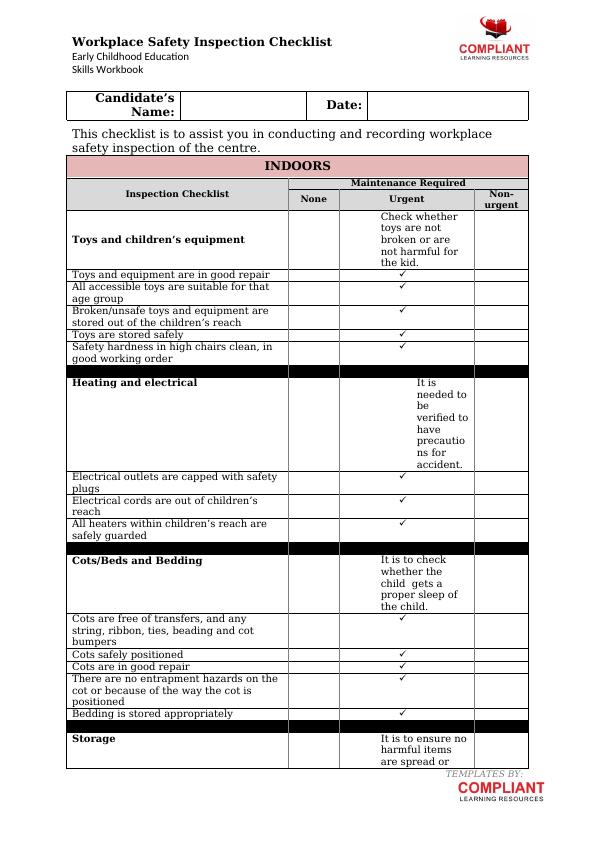 Workplace Safety Inspection Checklist for Early Childhood Education Skills Workbook_1